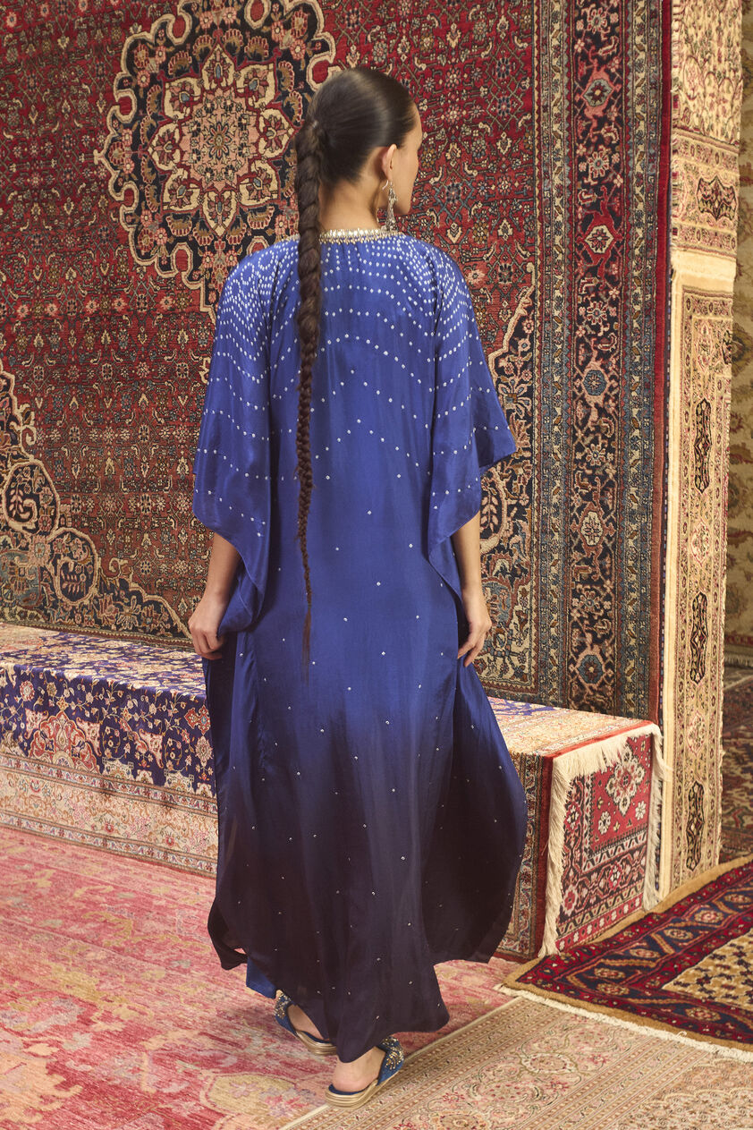 Mohar Handcrafted Bandhani Silk Kaftan - Blue, Blue, image 2